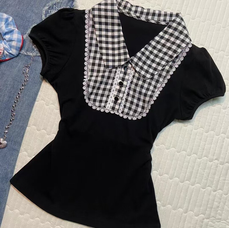 2025 New Summer Style Black Retro Lace Stitching Plaid Polo Collar Short-Sleeved T-Shirt Women's Slimming Look Top t