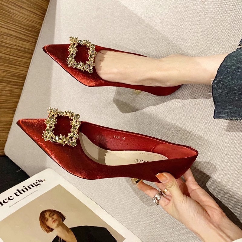 2025 Autumn New Style Pointed Toe Square Buckle Rhinestone Stiletto Heel Versatile Elegant Slip-On High Heels To Match_vogvips.com