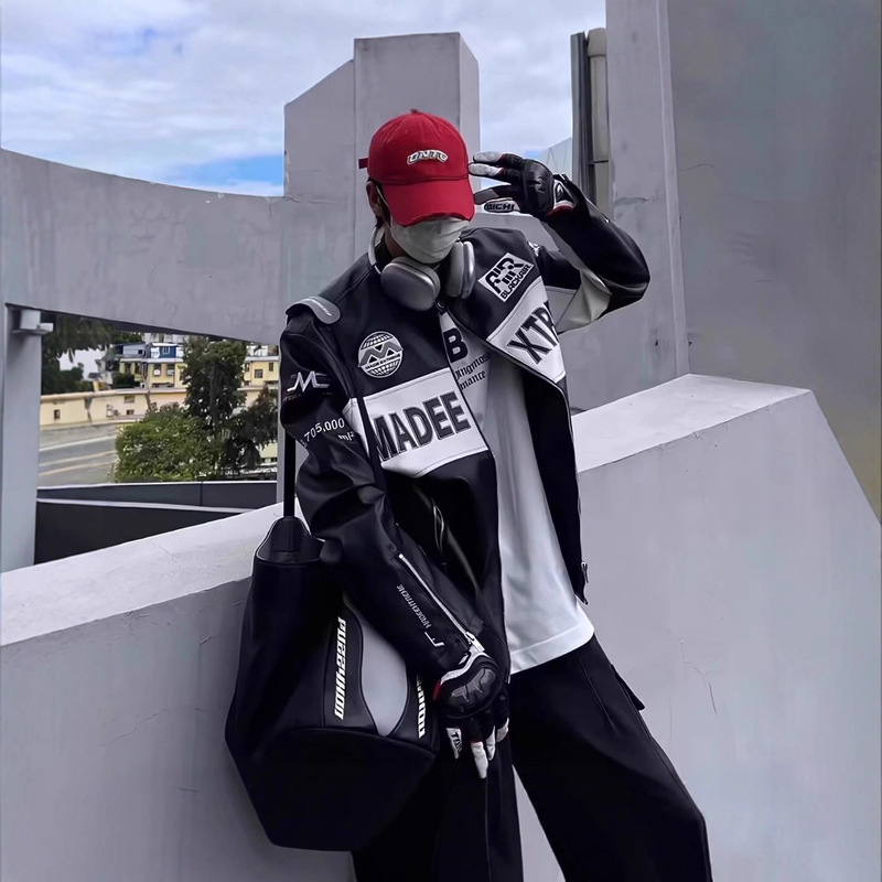 Cross-Border American Retro Pu Leather Racing Zipper Motorcycle Embroidered Baseball Jacket Ins Trendy Brand Loose Couple Jacket