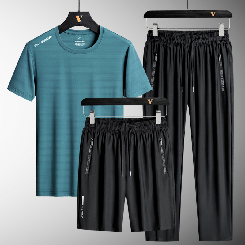 Trajes deportivos casuales para hombres secos rápidos pantalones cortos de mangas cortas pantalones largos para hombres tres piezas de hielo ropa de correr para hombres al por mayor