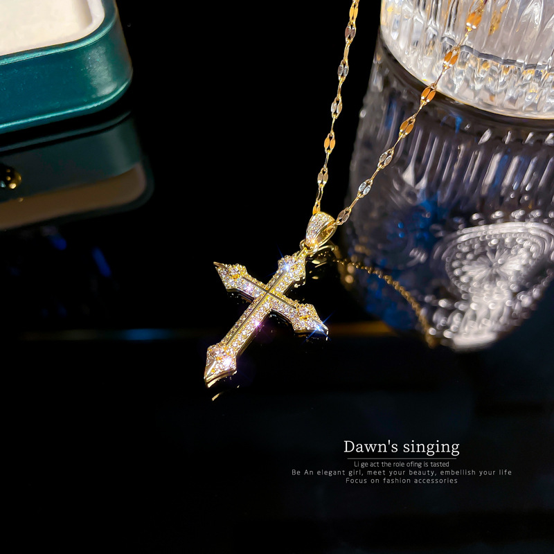 Fashion Cross Snake Titanium Steel Inlay Zircon Pendant Necklace 1 Piece