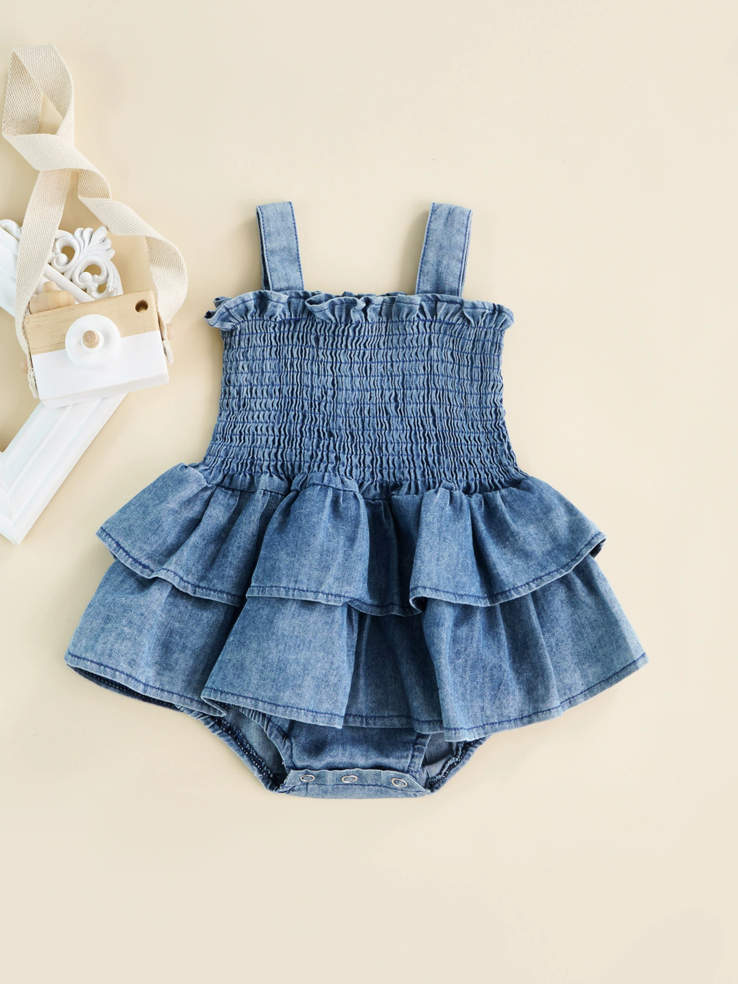 Adorable Blue Denim Baby Girl Romper Dress Sleeves