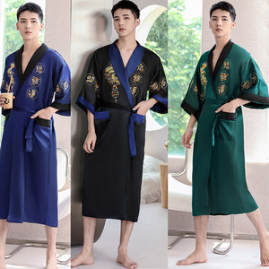 Men's red black kimono clothing pajamas bathrobe double-sided Chinese style dragon pattern satin loose and comfortable wholesale