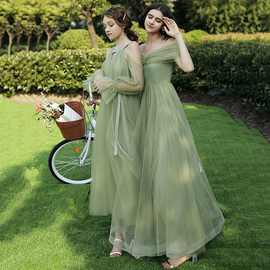 绿色伴娘礼服2024新款春季修身显瘦一字肩姐妹闺蜜团高级森系简约