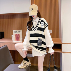 学院风v领女士马甲日系条纹背心女外搭秋季白色小针织外套马甲