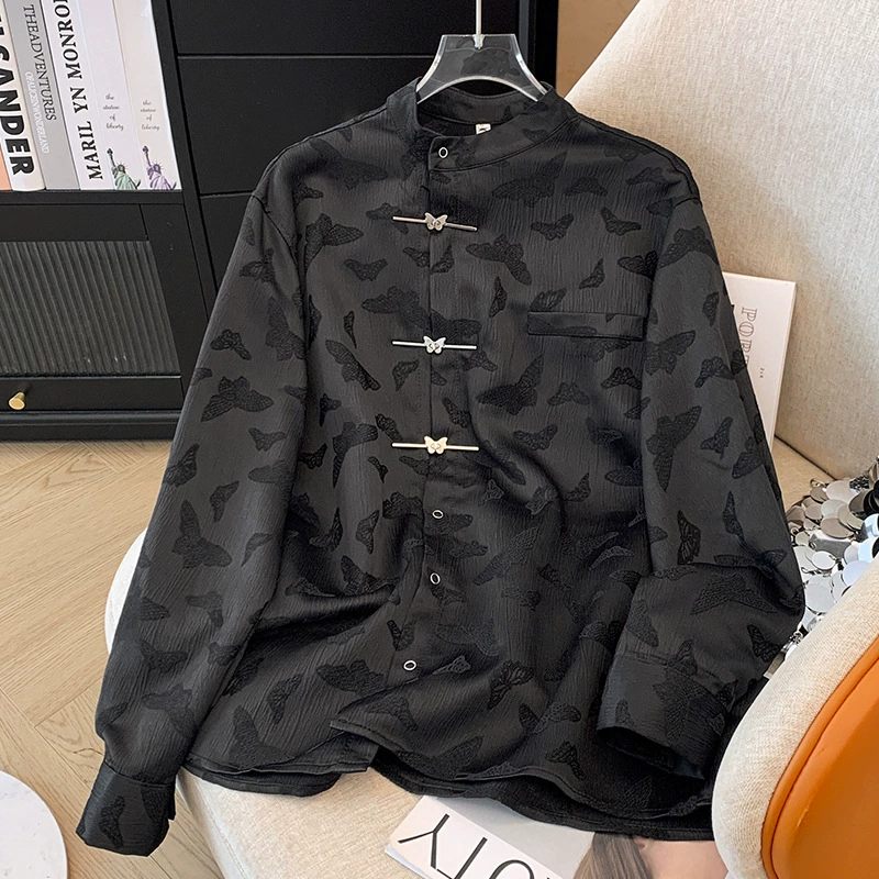 Рекордная стрельба для женщин большого размера с воротником национального стиля рубашка новый китайский жаккардовый топ с юбкой с конским лицом пряжка рубашка с длинными рукавами