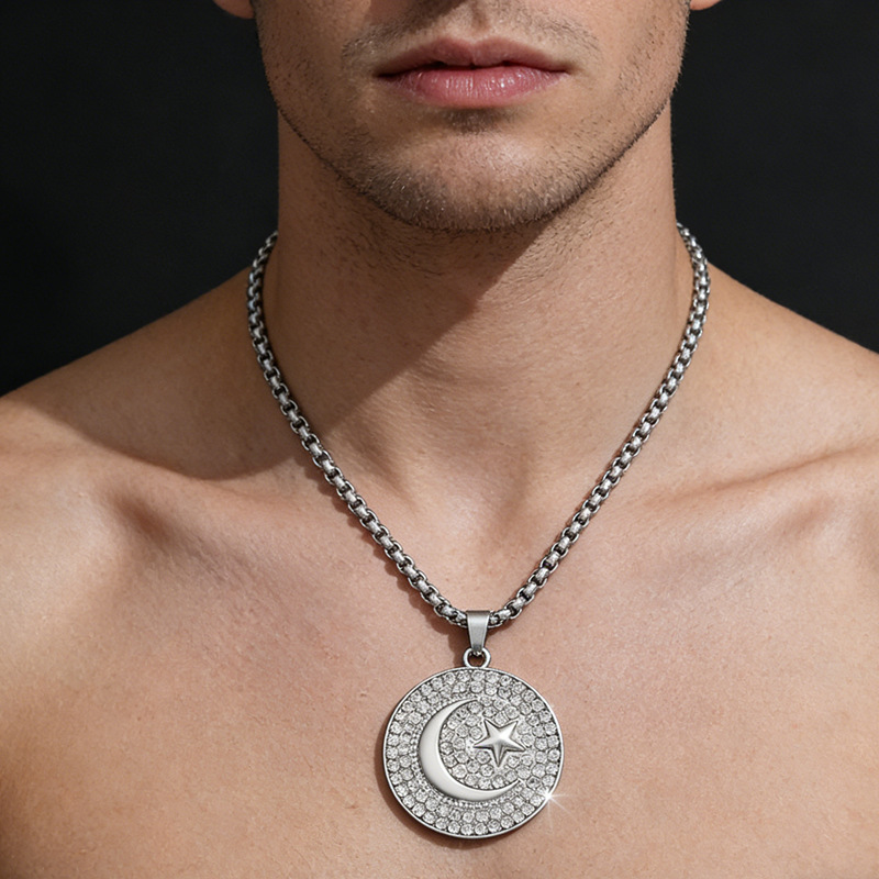 Fashionable European and American unisex pendant necklace with glamorous and hip-hop style, featuring round moon and star symbols, suitable for both men and women.