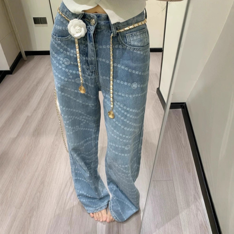 2025 Summer New High-Waisted Double C Jacquard Straight Jeans for Women, Loose and Versatile Casual Draped Floor-Length Pants Ins
