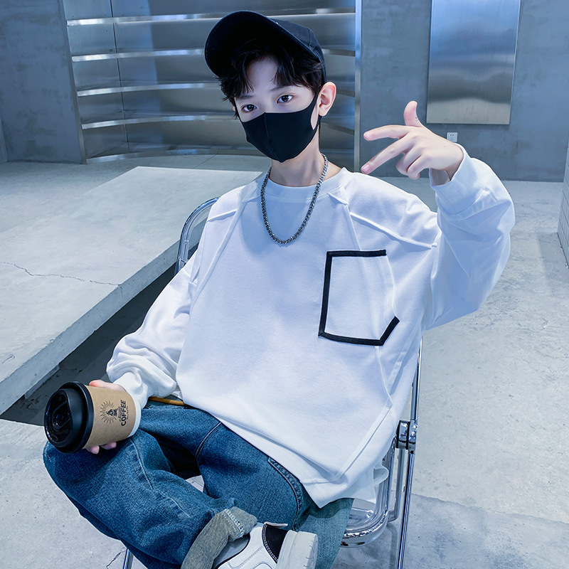 Boys' long-sleeved T-shirt spring and autumn 2024 new children's spring T-shirt sweater medium and big children's white bottoming shirt top