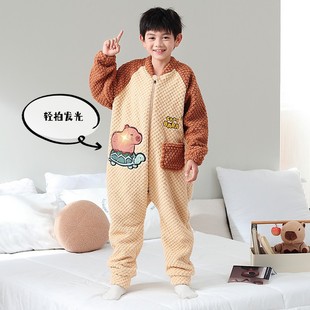 Boys' one-body pajamas for boys flannel padded autumn and winter kick-proof kappi bala coral fleece children's sleeping bag