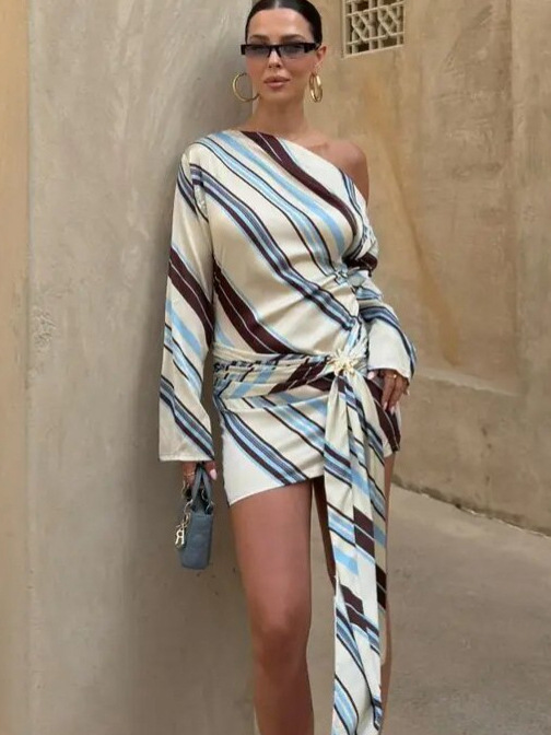 High Quality Satin Striped Ribbon Dress American Style Printed Sexy Off Shoulder Bodycon Skirt For Women_ecoleips.com