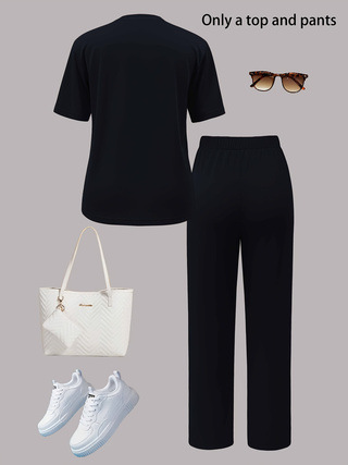 Women's Casual Two-Piece Set, Solid Color Loose Fit Lounge Wear, Comfortable Long Sleeve Top And Trousers Outfit_ecoleips.com