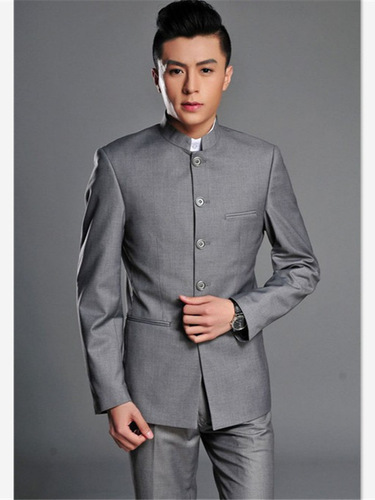 New men's suit set, men's suit, blue stand-up collar Zhongshan suit, casual slim fit, Chinese style, wedding dress 16