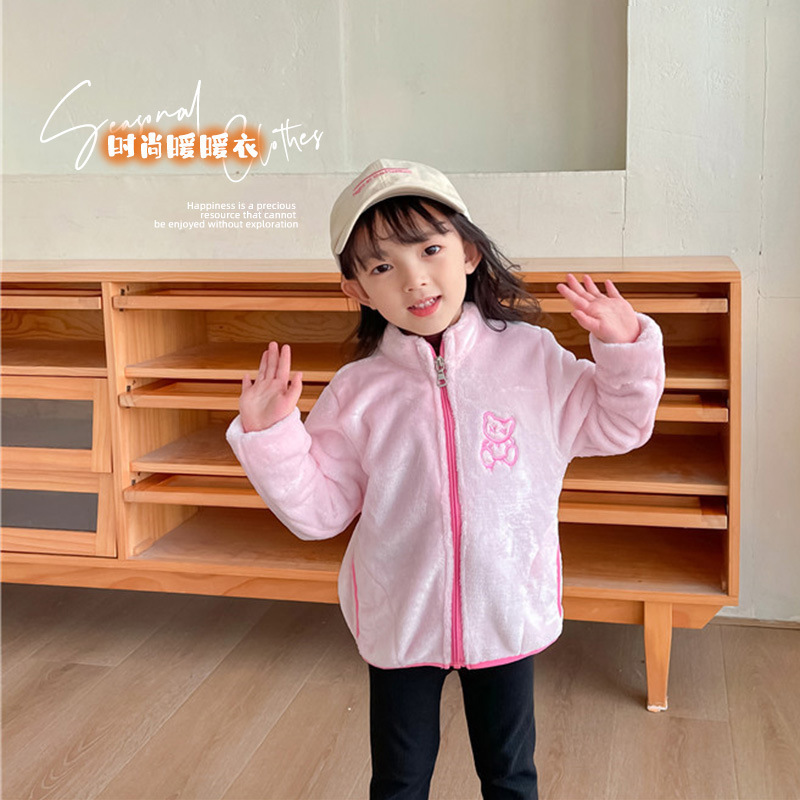 Children's stand collar plush coat boys' fleece-lined warm cotton-padded coat baby girls' autumn and winter thickened coral fleece jacket top