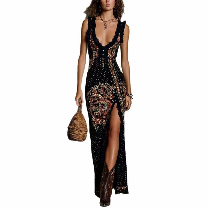 2026 European and American women's clothing, independent website, Amazon, digital print, sleeveless tank top, slit long dress 2026 European and American women's clothing, independent website, Amazon, digital print, sleeveless tank top, slit long dress