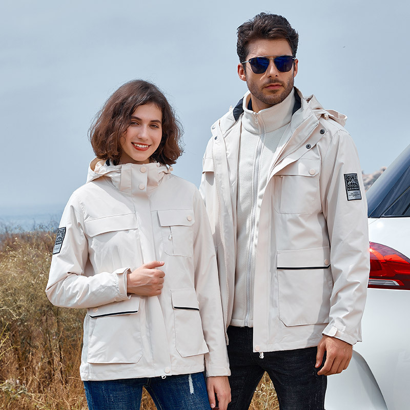 Chaqueta tres en uno al aire libre para hombres y mujeres a prueba de viento cálido forrado de lana de dos piezas de compra grupal trabajo de alpinismo chaqueta logo