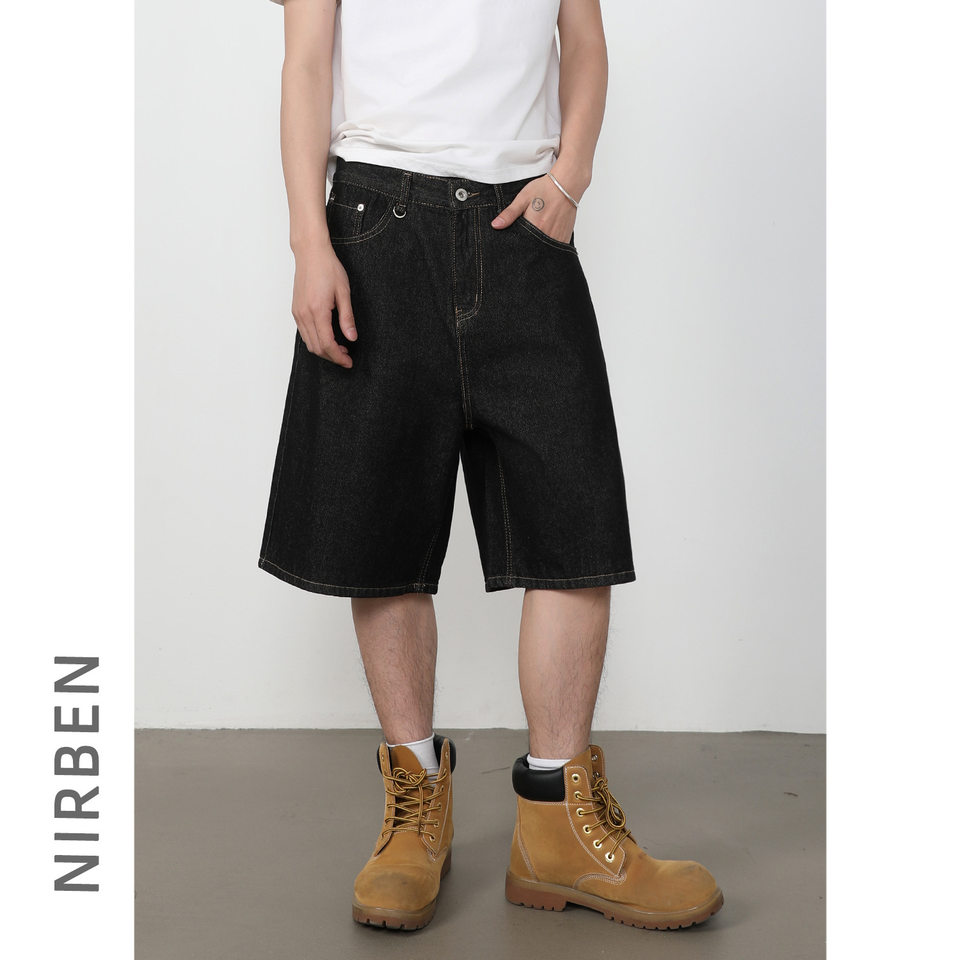 Quần short jean nam lửng ống rộng dáng suông phong cách retro, chất liệu denim thô — Denim đen, Xanh denim