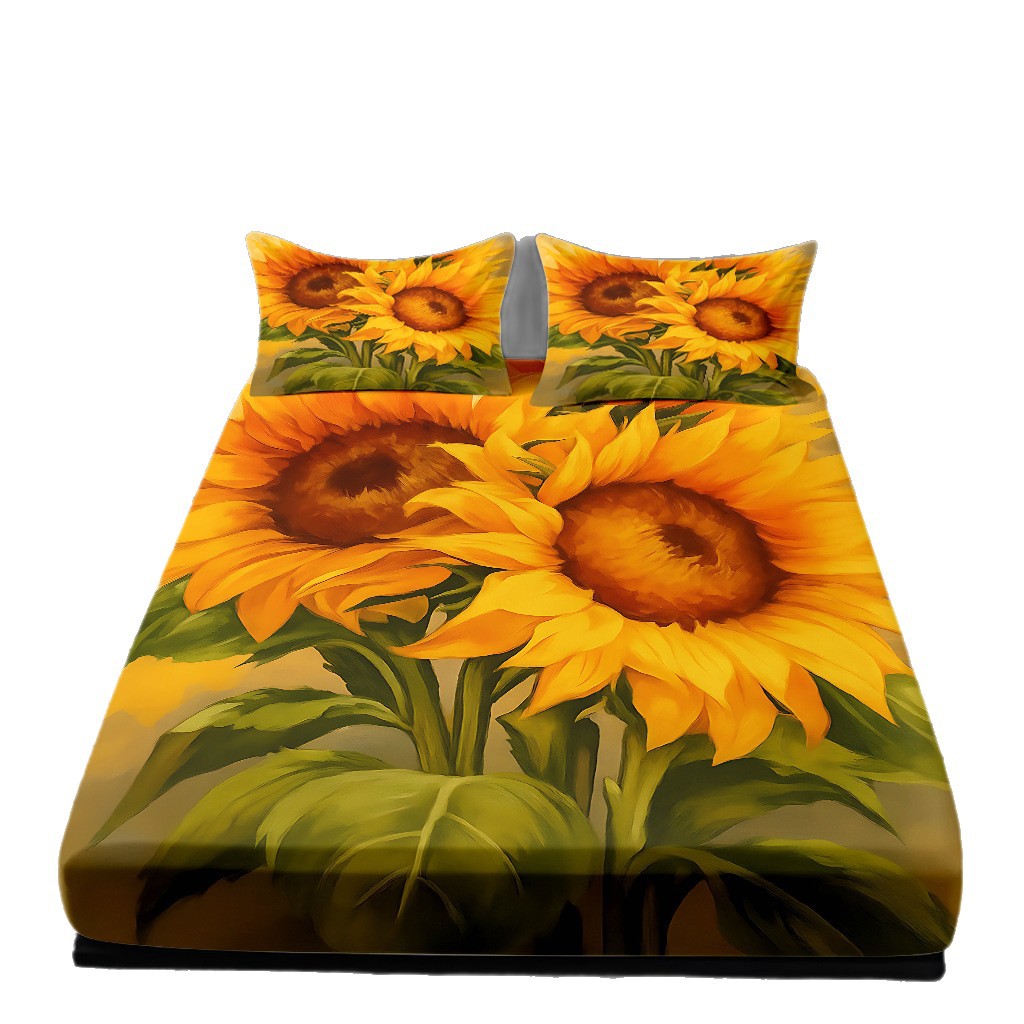Comercio exterior transfronterizo textil doméstico patrón de girasol impresión digital 3D cama de molienda de tres piezas JIT modelo Temu