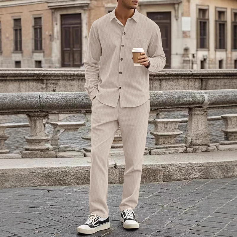 Amazon Europe and the United States cross-border new corduroy men's autumn casual breasted shirt cardigan long sleeve pants suit Amazon Europe and the United States cross-border new corduroy men's autumn casual breasted shirt cardigan long sleeve pants suit