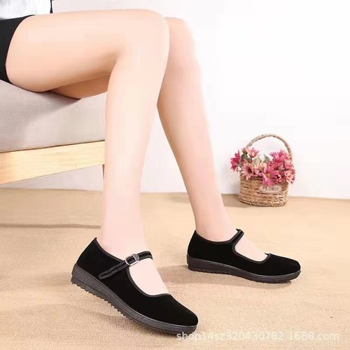 Buckskin Beijing Women's Thermal Mother Shoes Work Shoes Soft Sole Old Hotel One Strap Black Dance Flat Shoes
