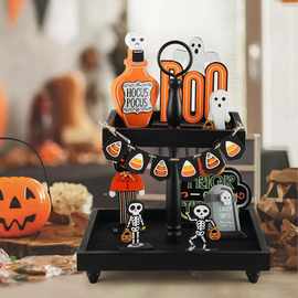 木质圣诞节装饰托盘双层可手提派对蛋糕点心展示架万圣节装饰托盘