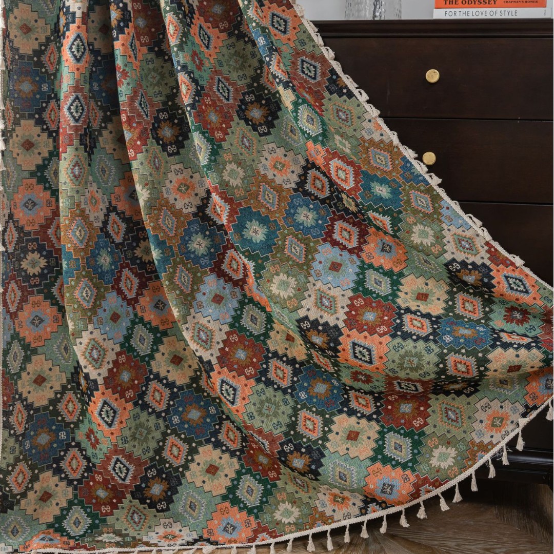 Qixin Curtains Finished Retro Ethnic Style Jacquard Diamond Contrasting Color Semi-Shading Bay Window Partition Factory Direct Supply