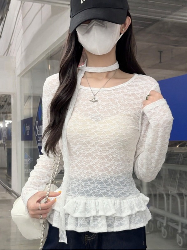 纯欲蕾丝拼接长袖T恤2025秋季新款辣妹风荷叶边修身打底衫上衣女|undefined