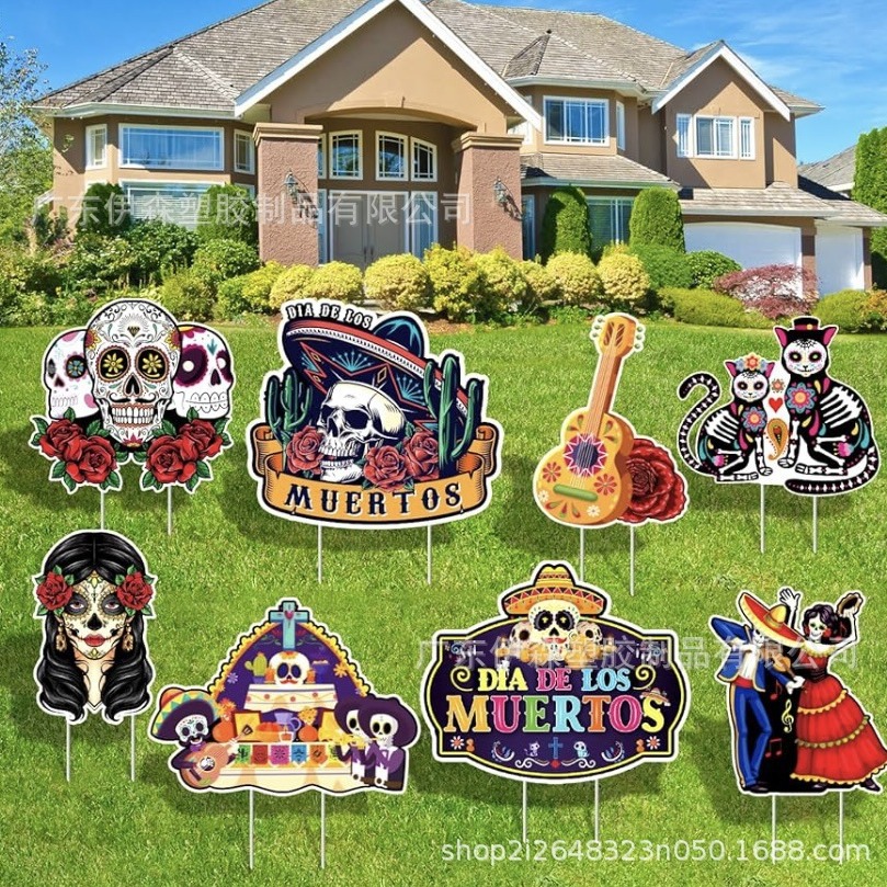 新款 亡灵节装饰户外,女糖骷髅庭院标志草坪地插牌万圣节主题派对