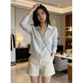 韩系设计感拉链v领条纹衬衫女夏季薄款法式休闲宽松气质衬衣上衣