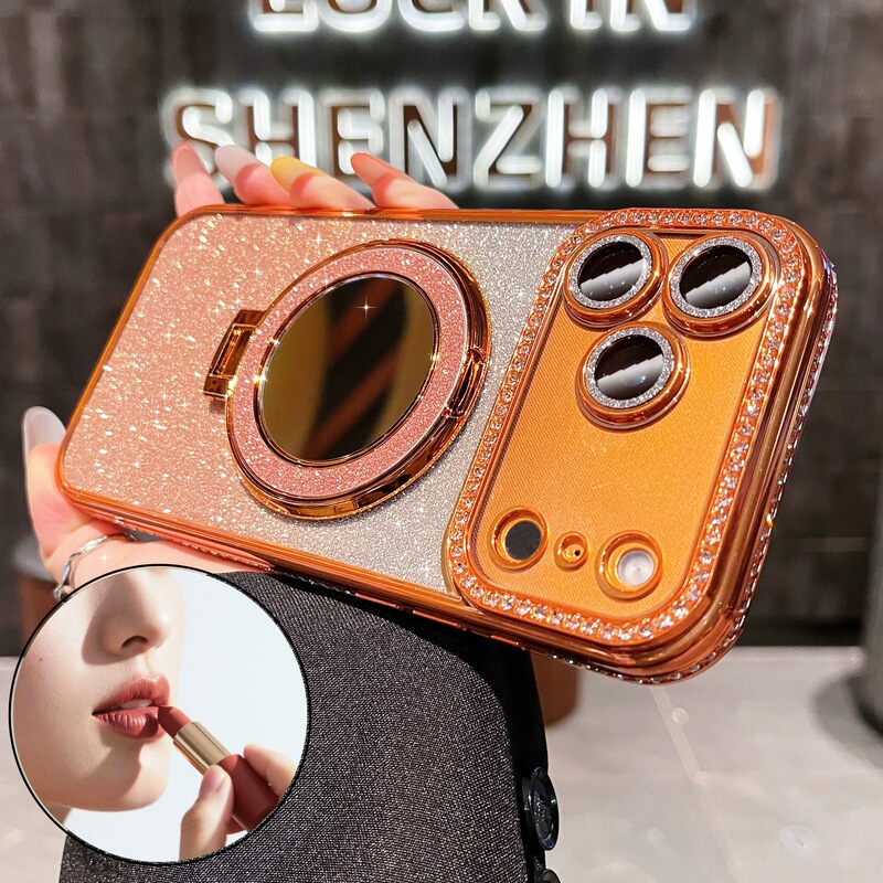 Suitable for iPhone 16 Electroplated Rhinestone Makeup Mirror Magnetic Stand Phone Case Apple 17 with Lens Glitter Soft Case