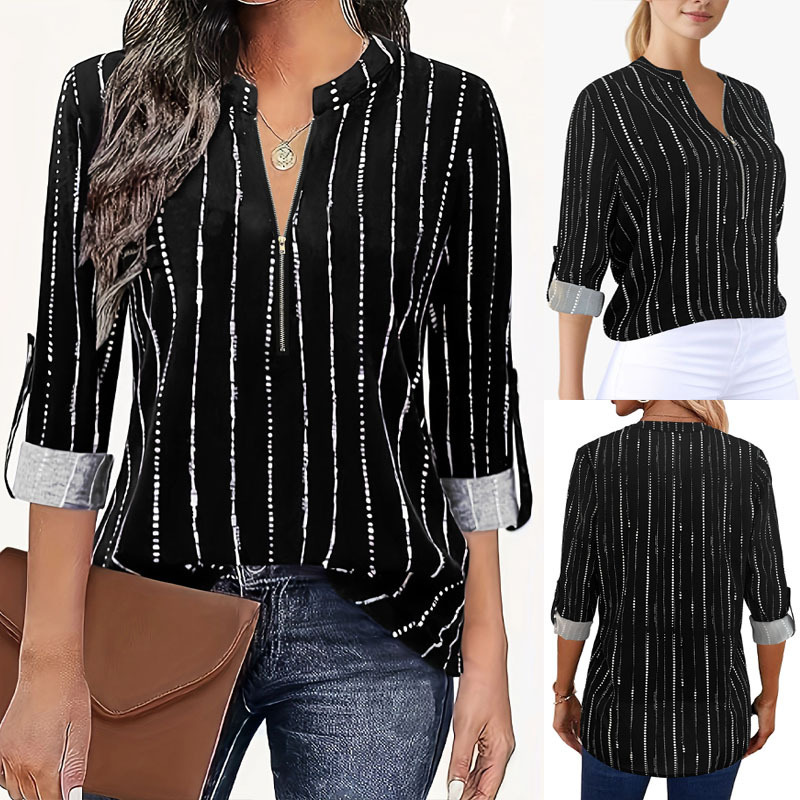 Amazon European and American Spring and Autumn Women's Shirts, Elegant Striped Shirts, Women's Long-Sleeved Business Commuting Zipper Tops