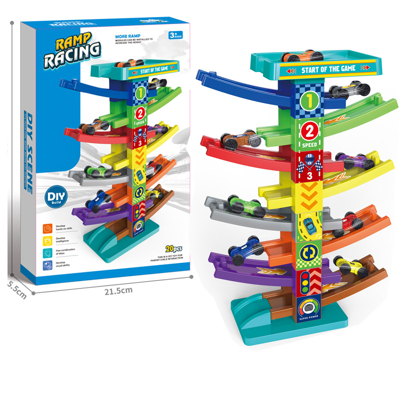 Los niños de comercio exterior montado pista deslizante coche catapulta coche juguete DIY caja portátil estacionamiento lote modelo de coche de juguete