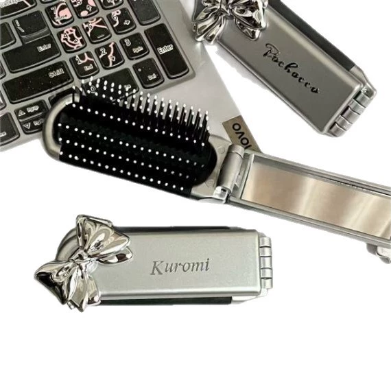 Folding Handheld Mirror Comb (Sanrio) — Cartoon Bow Design, Portable Silver