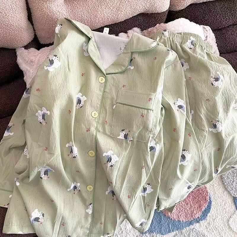 Women's Pajamas for Spring and Autumn, Long-Sleeve Cardigan, Cloud Cotton Loungewear, Pure Cotton, Trendy Spring and Autumn Pajamas, Green Series