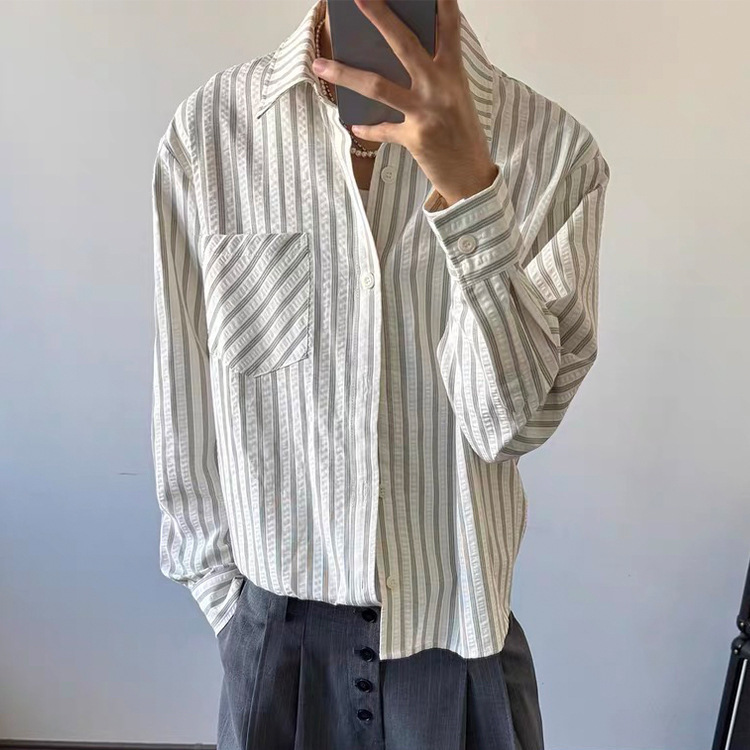 Seersucker American Stripesd Shirt Men's Spring & Fall Style Right Shoulder Long-Sleeved Shirt Cleanfit Sun Protection Jacket