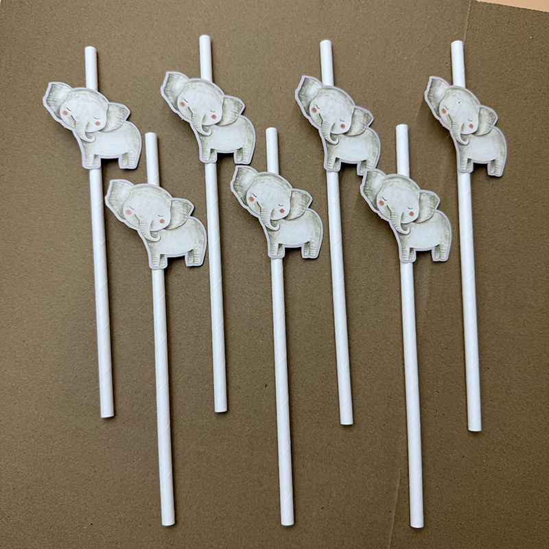Animal transfronterizo elefante tarjeta de papel paja desechable degradable postre cóctel fiesta paja decoración
