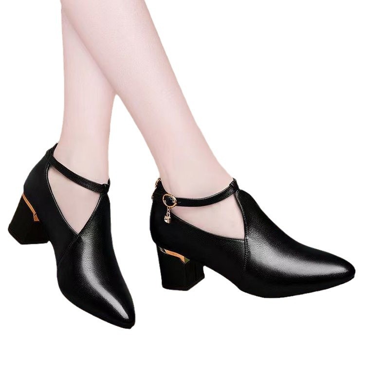 Zapatos de talón grueso y medio para mujeres 2025 primavera nuevos zapatos de cuero de talón alto cómodos con suela suave zapatos de moda para mujeres zapatos de madre
