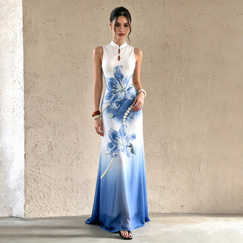 Elegant and Fashionable New Chinese-Style Hollow-Out Cheongsam Dress for Women with Floral Print and Gradient Floor-Length Skirt Elegant and Fashionable New Chinese-Style Hollow-Out Cheongsam Dress for Women with Floral Print and Gradient Floor-Length Skirt