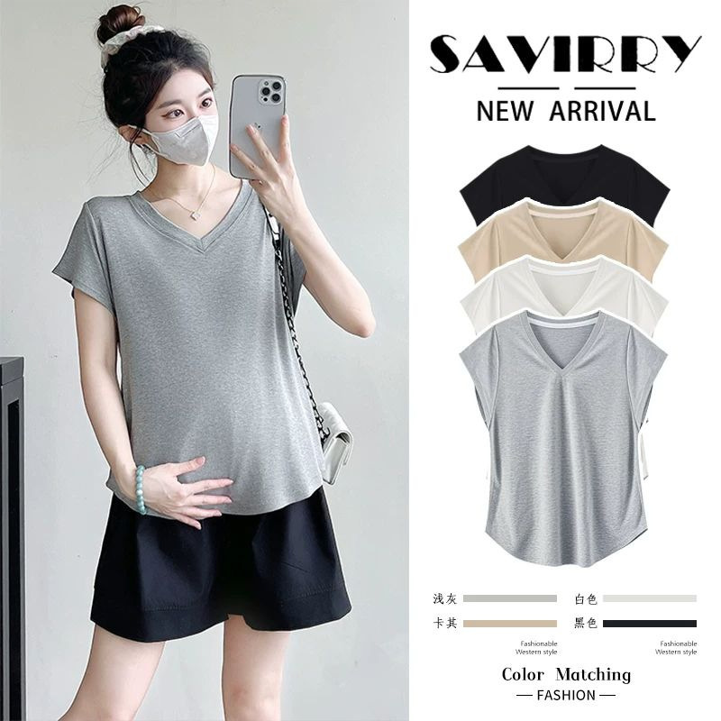 Maternity Wear Summer Gray Top 2026 New Fashion Elastic Slimming Look V-Neck T-Shirt Short-Sleeved Shorts Summer Suit Maternity Wear Summer Gray Top 2026 New Fashion Elastic Slimming Look V-Neck T-Shirt Short-Sleeved Shorts Summer Suit