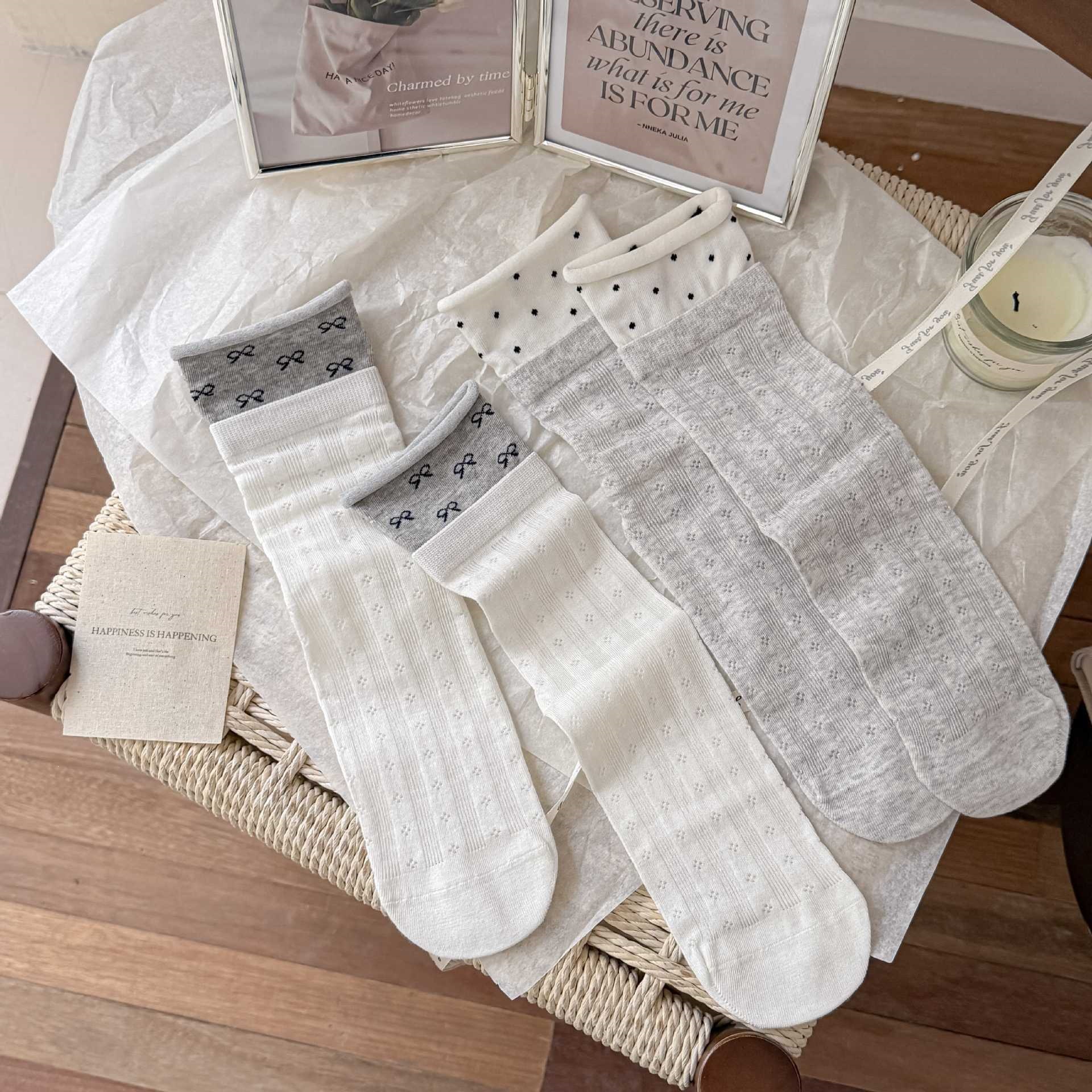 Whimsical Cottagecore Pointelle Cotton Fold-Over Cuff Crew Socks For Sweet Daily Wear Detail View 1