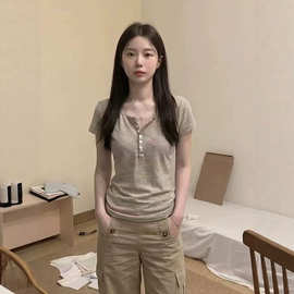 日系亨利领条纹正肩短袖t恤女夏季新款修身bm风复古慵懒轻亚上衣