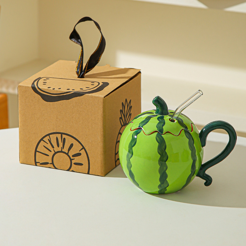 Creativo encantador popularidad en línea sandía taza de paja de cerámica taza de diseño original taza de personalidad taza de bebida fría taza de agua