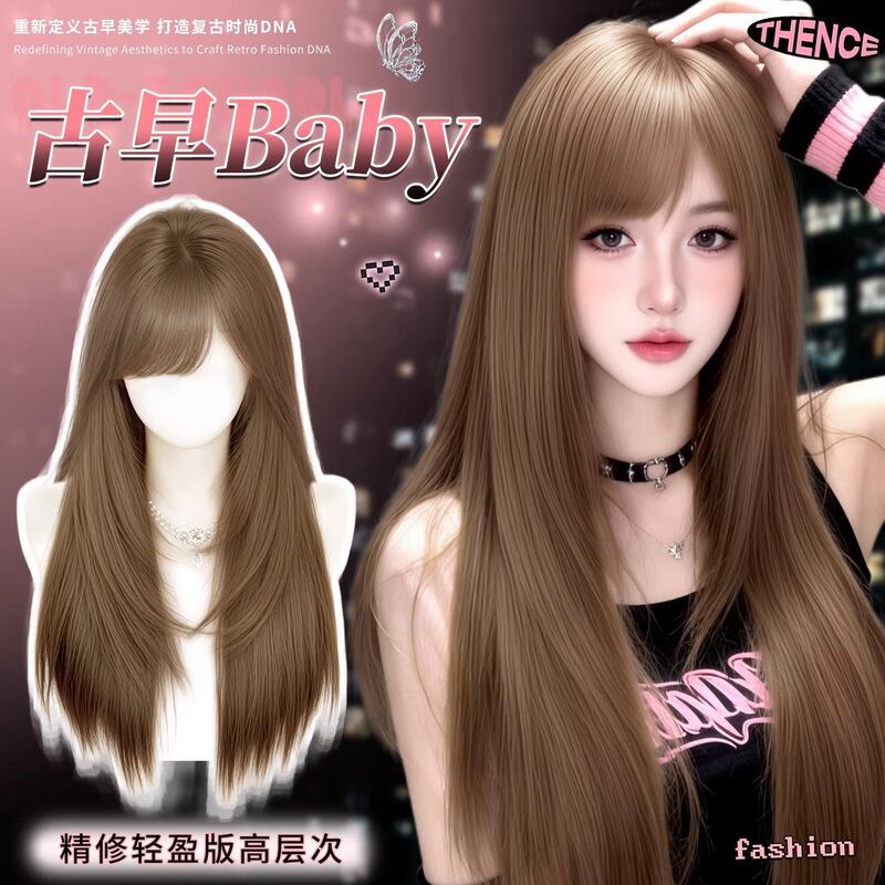 Full Wig for Women, Vintage Style, High-Quality, Layered Bangs, Long Straight Hair, Face-Flattering, Lolita Daily Full Wig Full Wig for Women, Vintage Style, High-Quality, Layered Bangs, Long Straight Hair, Face-Flattering, Lolita Daily Full Wig