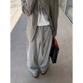 灰色阔腿卫裤女春秋2025新款高腰直筒垂感慵懒抽绳宽松休闲运动裤