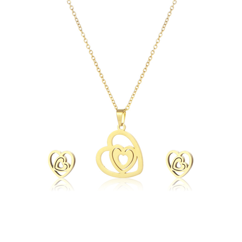 fashion heart glossy necklace set gold heart-shaped pendant earrings two-piece set