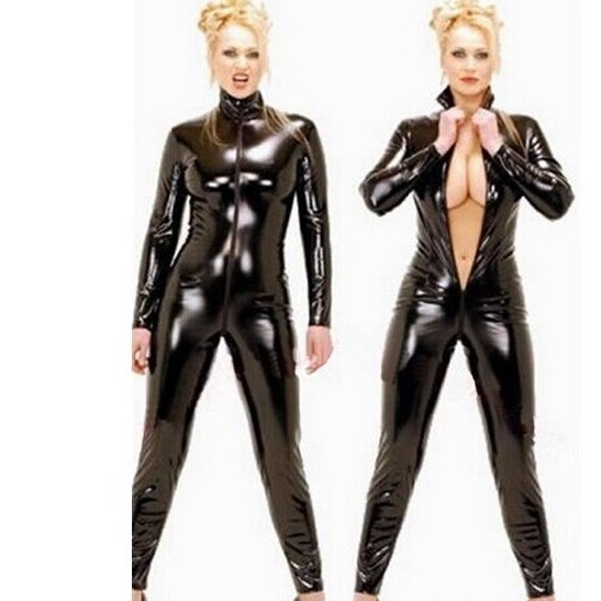 Lencería sexy uniforme seductor de una sola pieza con cremallera súper larga ropa de cuero grande cuerpo que forma charol mujer policía europea y americana sexy abierta