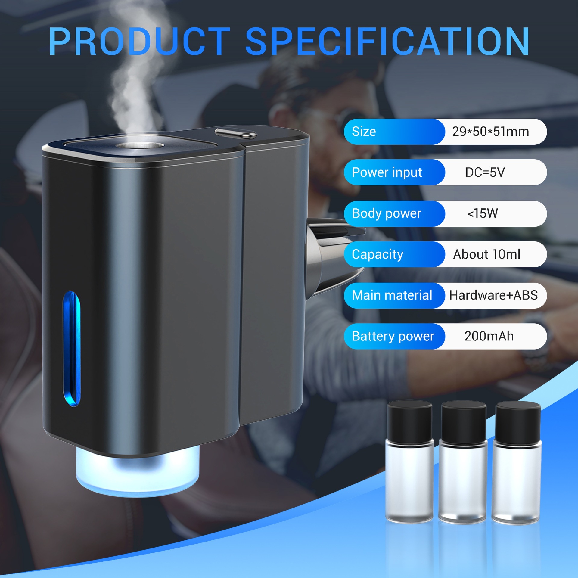 Smart Car Aromatherapy Diffuser Air Purifier with 3 bottles of cologne-scented essential oil