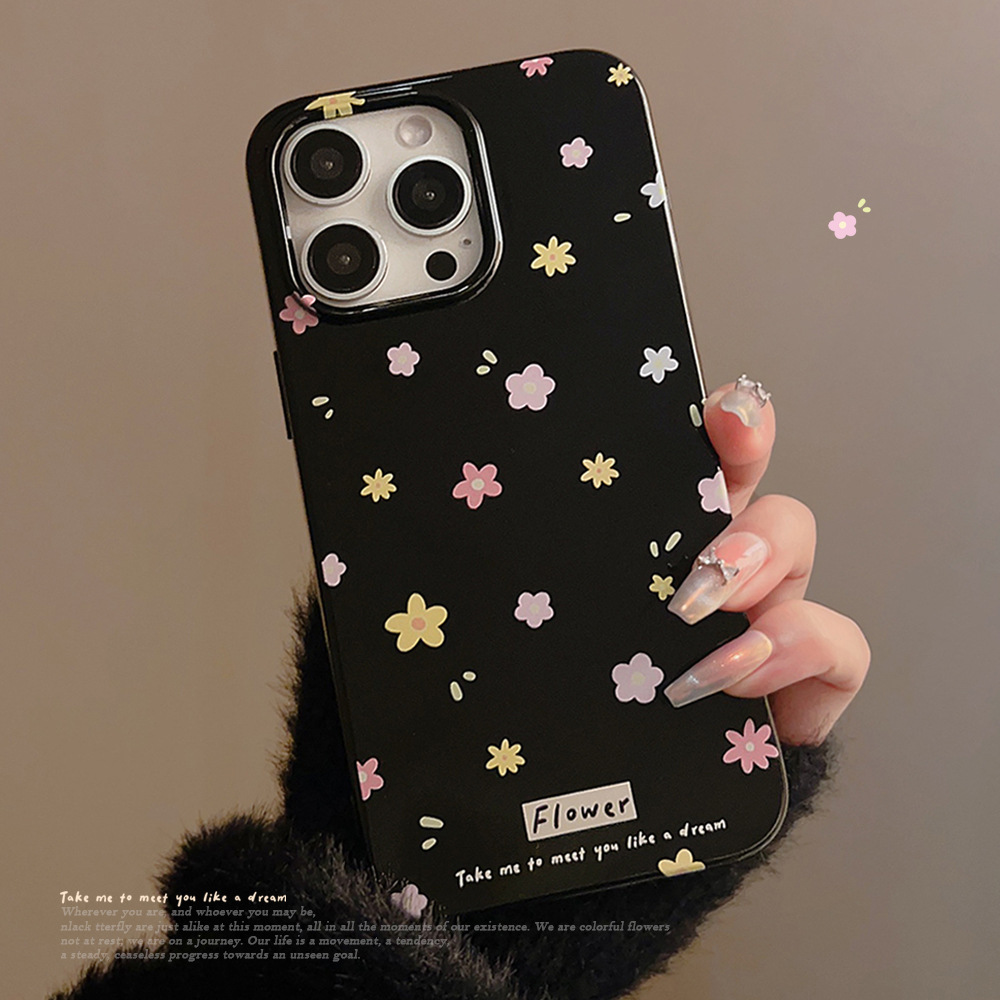 Ins negro fondo colorido flores de manzana 15 caso de teléfono 17 pequeño fresco iphone 16promax brillante 11 para X