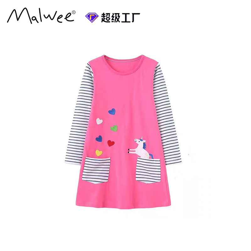 Vestido de niña otoño y invierno nuevo estilo europeo y americano rayas de manga larga vestido de princesa de cuello redondo casual ropa infantil