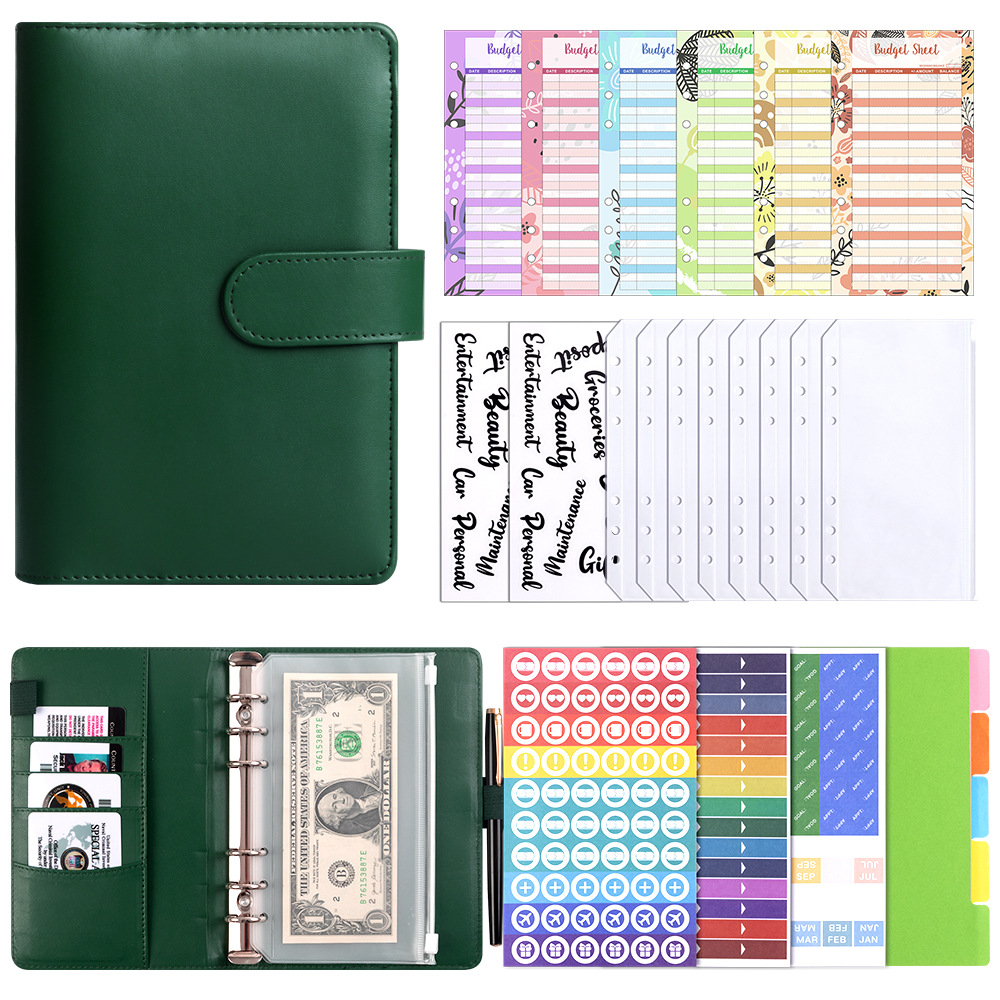 Presupuesto transfronterizo Cash Clip de hojas sueltas Bolsa con cremallera Sobres Libro de cuentas A6 Macarons PU Cuaderno de hojas sueltas de cuero